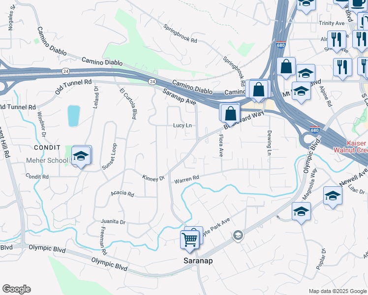 map of restaurants, bars, coffee shops, grocery stores, and more near 1305 Boulevard Way in Walnut Creek