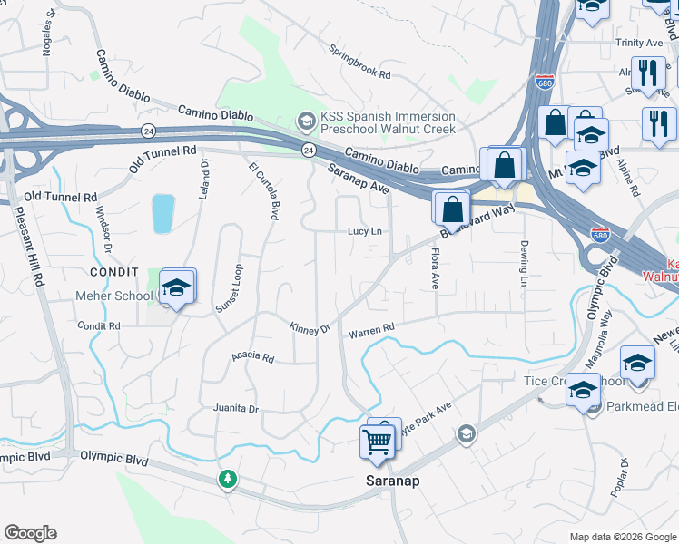 map of restaurants, bars, coffee shops, grocery stores, and more near 1221 Kendall Court in Walnut Creek