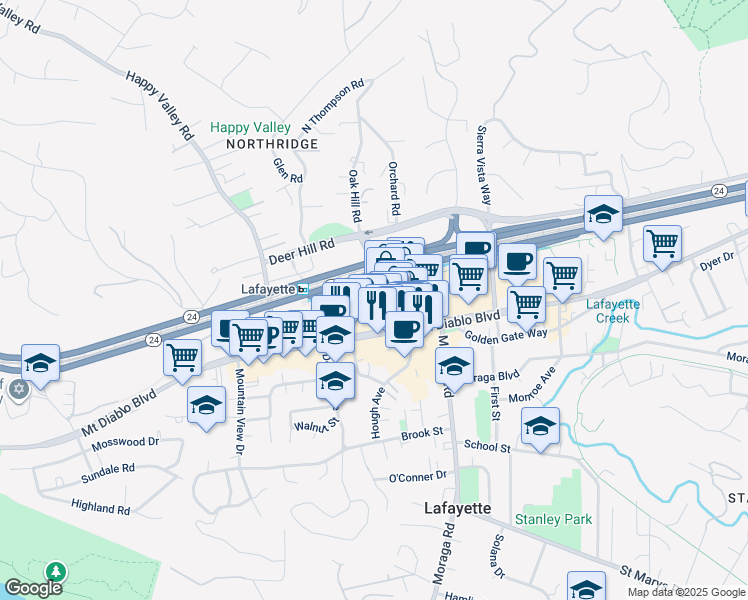 map of restaurants, bars, coffee shops, grocery stores, and more near 1009 Oak Hill Road in Lafayette