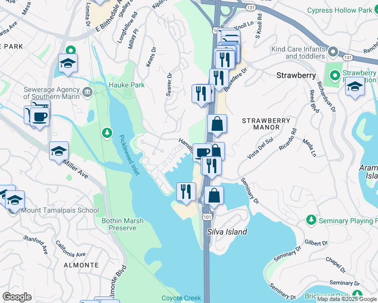 map of restaurants, bars, coffee shops, grocery stores, and more near 1222 Shelter Bay Avenue in Mill Valley