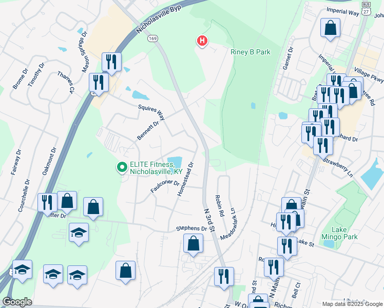 map of restaurants, bars, coffee shops, grocery stores, and more near 110 Bass Pond Glen Drive in Nicholasville
