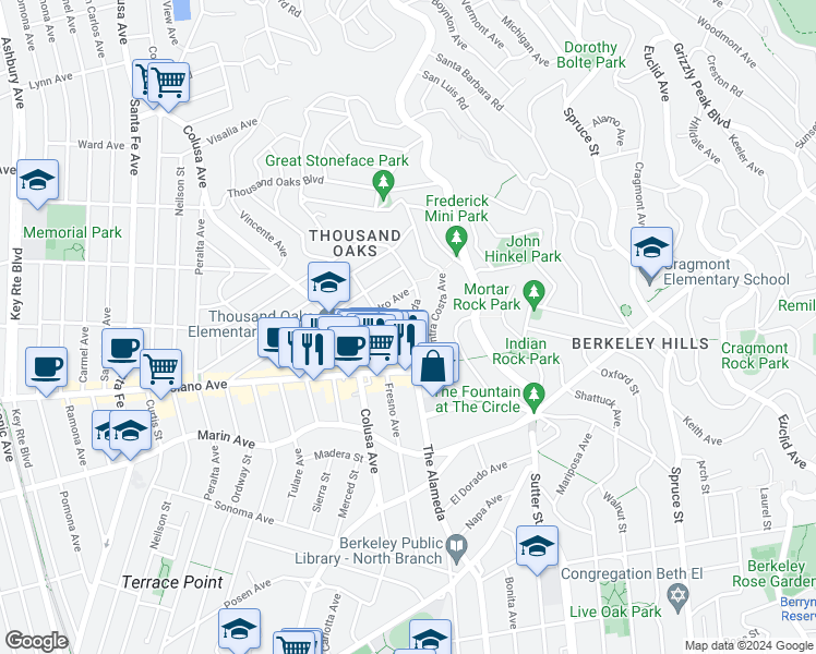 map of restaurants, bars, coffee shops, grocery stores, and more near 845 The Alameda in Berkeley
