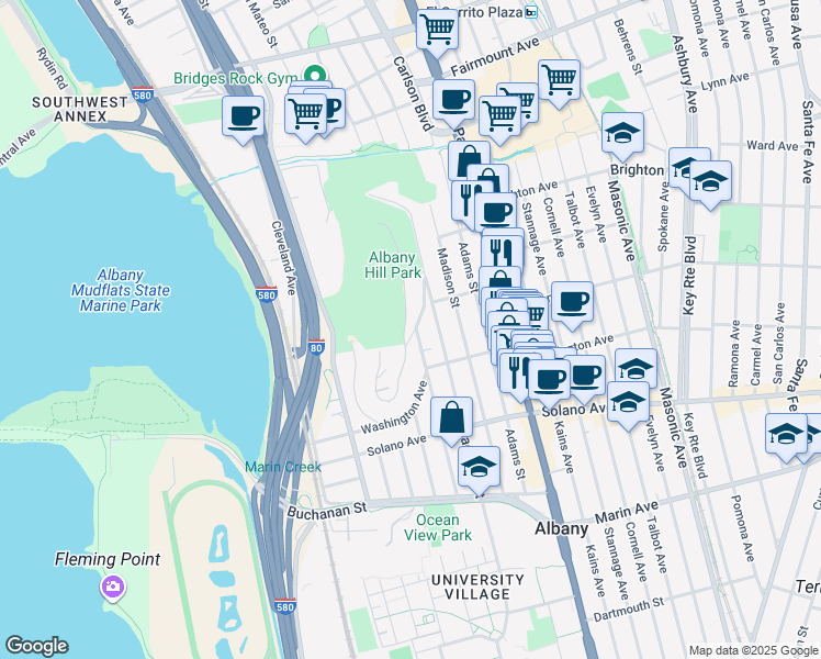 map of restaurants, bars, coffee shops, grocery stores, and more near 791A Taft Street in Albany