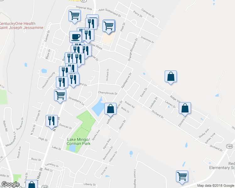 map of restaurants, bars, coffee shops, grocery stores, and more near 401 Applegrove Drive in Nicholasville