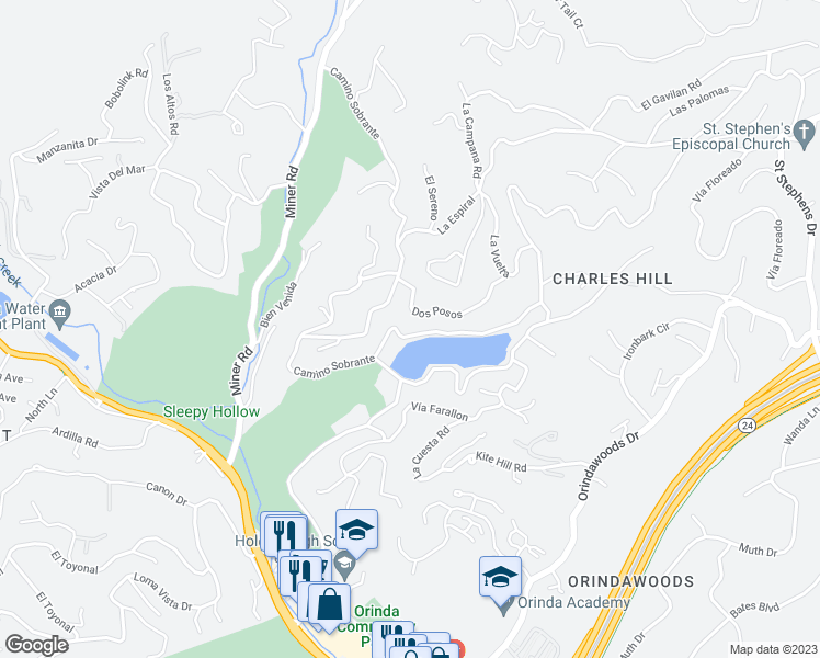 map of restaurants, bars, coffee shops, grocery stores, and more near 256 Camino Sobrante in Orinda