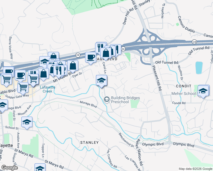 map of restaurants, bars, coffee shops, grocery stores, and more near 980 Janet Lane in Lafayette