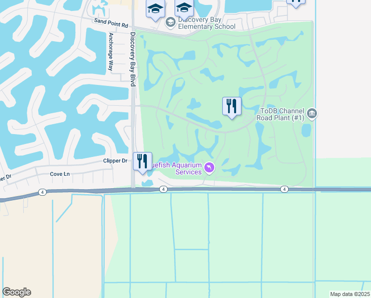 map of restaurants, bars, coffee shops, grocery stores, and more near 2244 Colonial Court in Discovery Bay