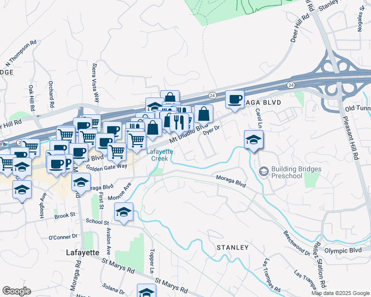 map of restaurants, bars, coffee shops, grocery stores, and more near 1006 Almanor Lane in Lafayette