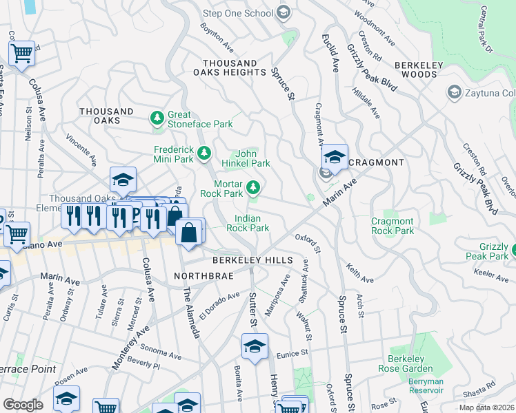 map of restaurants, bars, coffee shops, grocery stores, and more near 915 Indian Rock Avenue in Berkeley