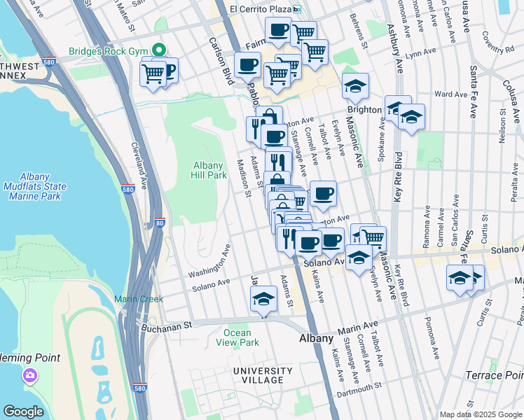 map of restaurants, bars, coffee shops, grocery stores, and more near 728 Adams Street in Albany