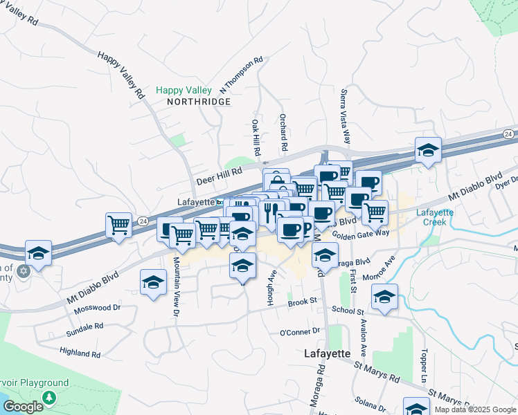 map of restaurants, bars, coffee shops, grocery stores, and more near 3580 Terrace Way in Lafayette