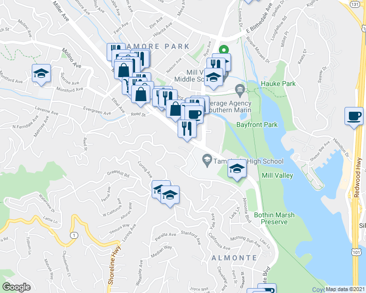 map of restaurants, bars, coffee shops, grocery stores, and more near 16 Gomez Way in Mill Valley