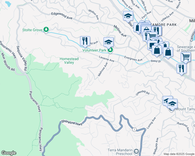 map of restaurants, bars, coffee shops, grocery stores, and more near 315 Melrose Avenue in Mill Valley