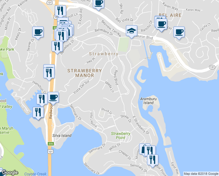 map of restaurants, bars, coffee shops, grocery stores, and more near 216 Meda Lane in Mill Valley