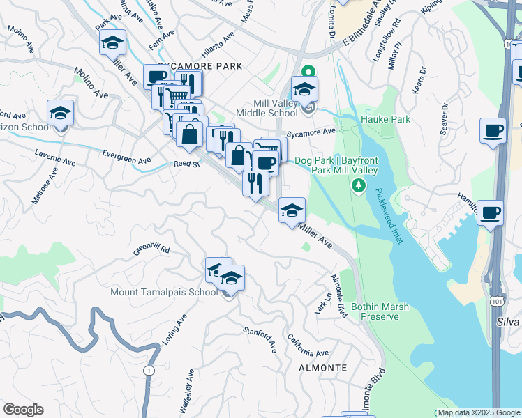 map of restaurants, bars, coffee shops, grocery stores, and more near in Mill Valley