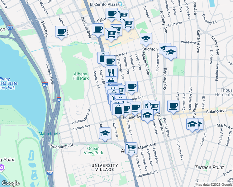 map of restaurants, bars, coffee shops, grocery stores, and more near 727 San Pablo Avenue in Albany