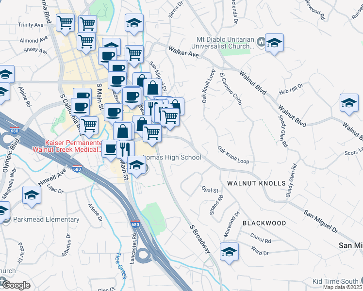 map of restaurants, bars, coffee shops, grocery stores, and more near 1211 Newell Avenue in Walnut Creek