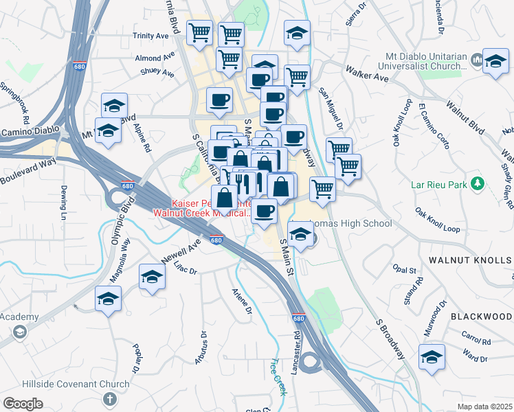 map of restaurants, bars, coffee shops, grocery stores, and more near 1538 Newell Avenue in Walnut Creek