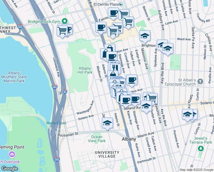 map of restaurants, bars, coffee shops, grocery stores, and more near 728 Adams Street in Albany
