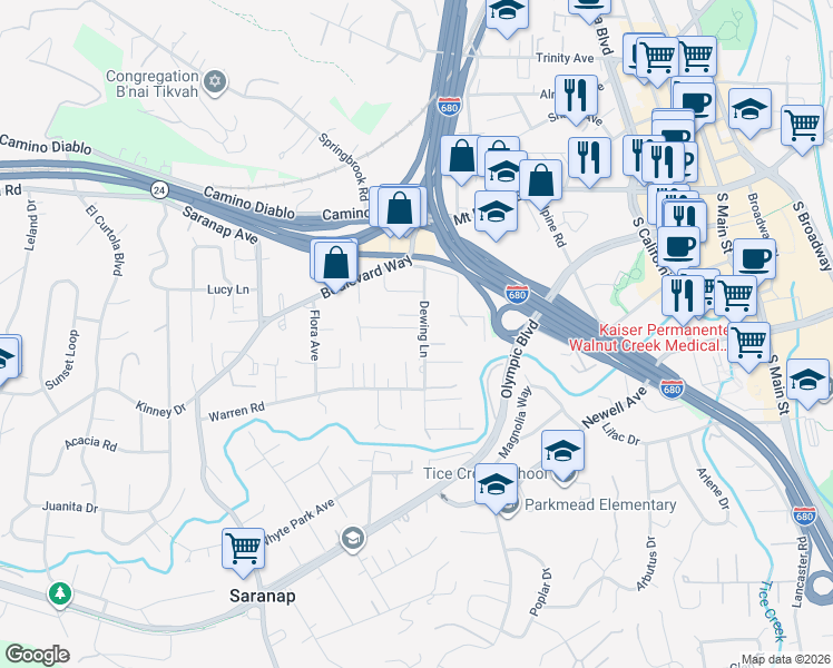 map of restaurants, bars, coffee shops, grocery stores, and more near 1301 Dewing Lane in Walnut Creek
