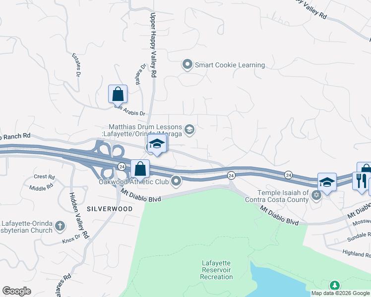 map of restaurants, bars, coffee shops, grocery stores, and more near 3949 Rancho Rd in Lafayette