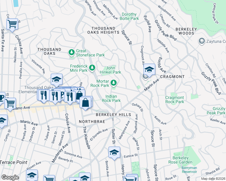 map of restaurants, bars, coffee shops, grocery stores, and more near 915 Indian Rock Avenue in Berkeley