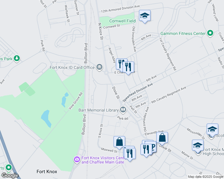 map of restaurants, bars, coffee shops, grocery stores, and more near 1175 Pershing Drive in Fort Knox