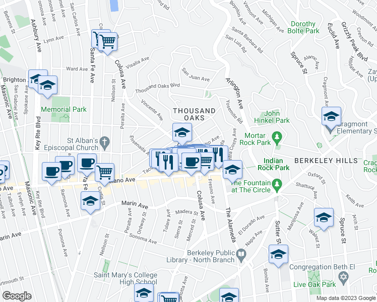 map of restaurants, bars, coffee shops, grocery stores, and more near 853 Colusa Avenue in Berkeley