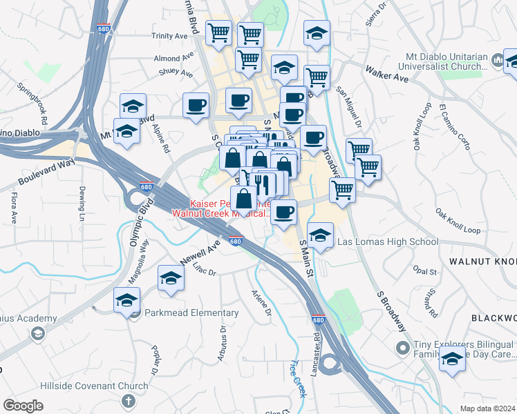 map of restaurants, bars, coffee shops, grocery stores, and more near 1388 South California Boulevard in Walnut Creek