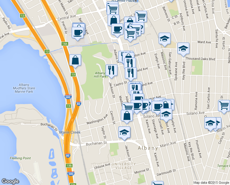 map of restaurants, bars, coffee shops, grocery stores, and more near 717 Jackson Street in Albany