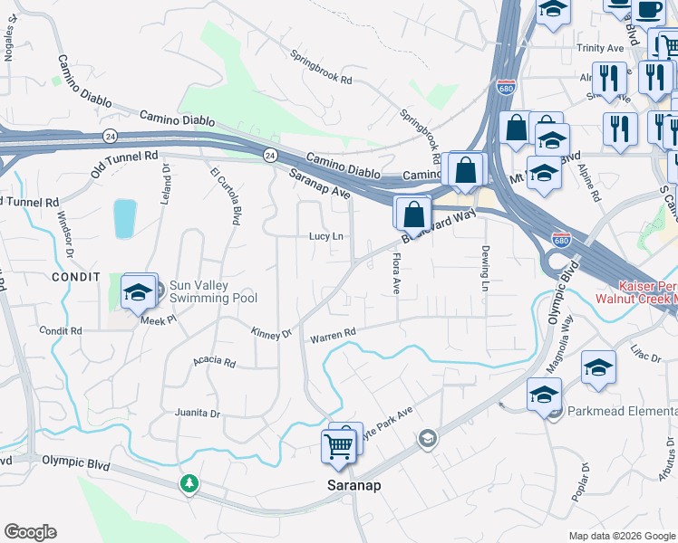 map of restaurants, bars, coffee shops, grocery stores, and more near 1305 Boulevard Way in Walnut Creek