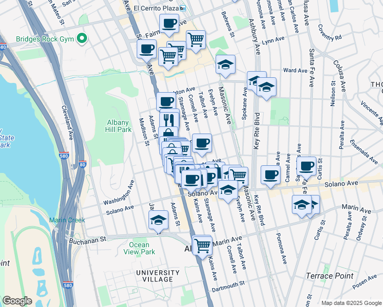 map of restaurants, bars, coffee shops, grocery stores, and more near 730 Cornell Avenue in Albany
