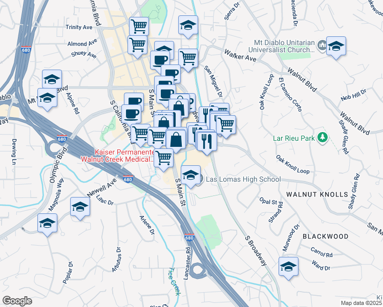 map of restaurants, bars, coffee shops, grocery stores, and more near 1425 Newell Avenue in Walnut Creek