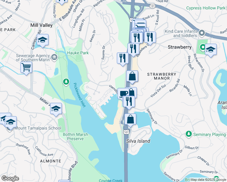 map of restaurants, bars, coffee shops, grocery stores, and more near 1222 Shelter Bay Avenue in Mill Valley