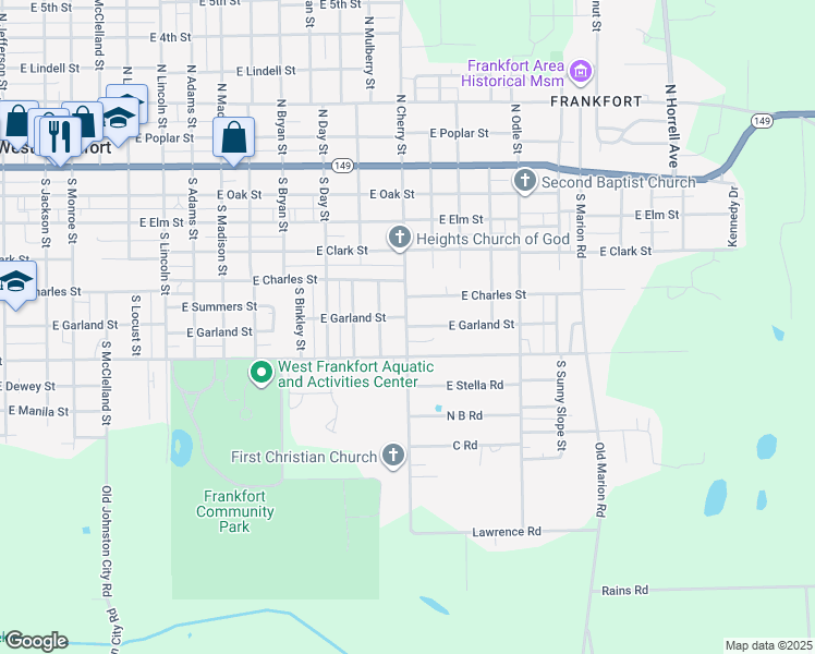 map of restaurants, bars, coffee shops, grocery stores, and more near 1500 East Garland Street in West Frankfort