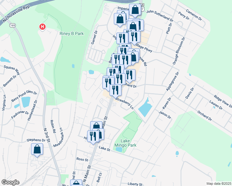 map of restaurants, bars, coffee shops, grocery stores, and more near Blueberry Lane in Nicholasville