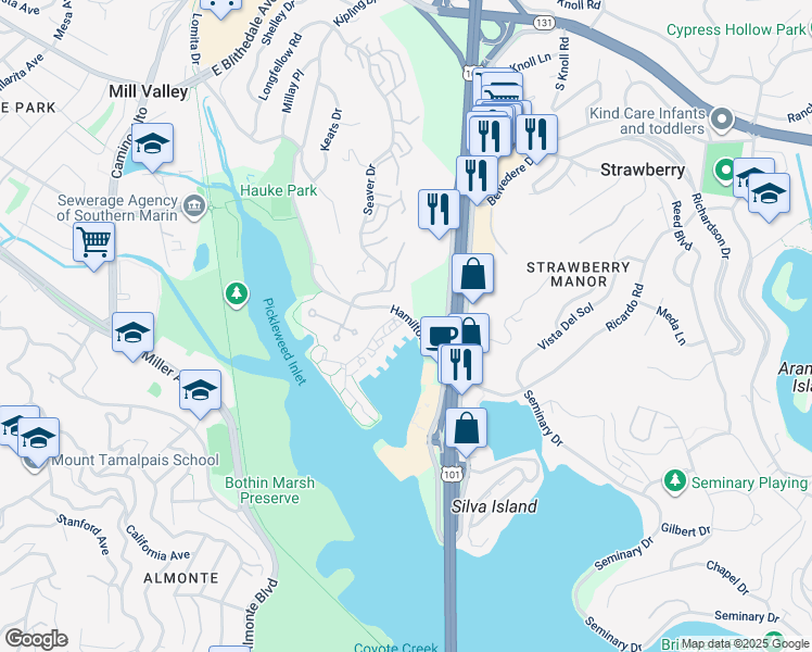 map of restaurants, bars, coffee shops, grocery stores, and more near 1222 Shelter Bay Avenue in Mill Valley