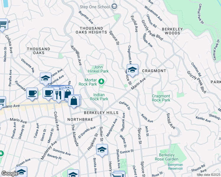 map of restaurants, bars, coffee shops, grocery stores, and more near 859 Indian Rock Avenue in Berkeley