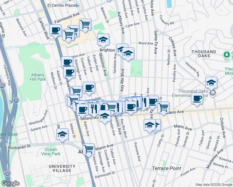 map of restaurants, bars, coffee shops, grocery stores, and more near 1269 Washington Avenue in Albany
