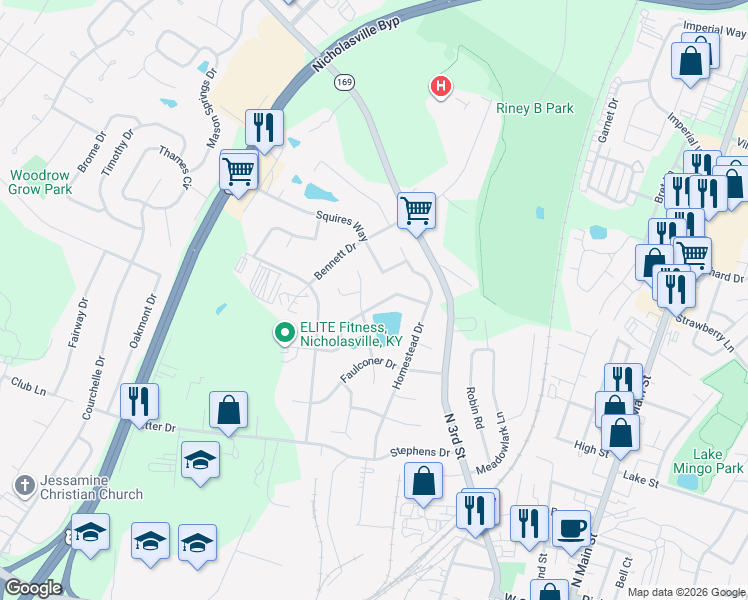 map of restaurants, bars, coffee shops, grocery stores, and more near 133 Bass Pond Glen Drive in Nicholasville