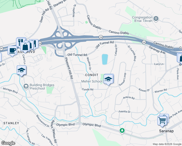map of restaurants, bars, coffee shops, grocery stores, and more near 1023 Windsor Drive in Lafayette