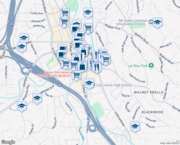 map of restaurants, bars, coffee shops, grocery stores, and more near 1425 Newell Avenue in Walnut Creek