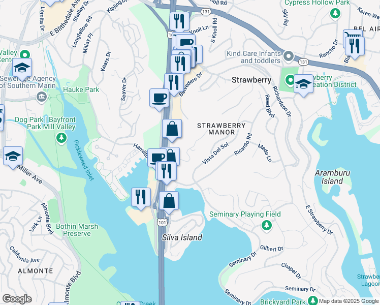 map of restaurants, bars, coffee shops, grocery stores, and more near 4 Milland Court in Mill Valley