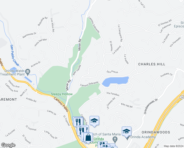 map of restaurants, bars, coffee shops, grocery stores, and more near 371 Camino Sobrante in Orinda