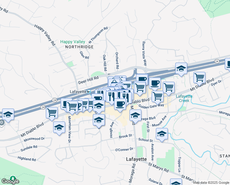 map of restaurants, bars, coffee shops, grocery stores, and more near 1009 Oak Hill Road in Lafayette
