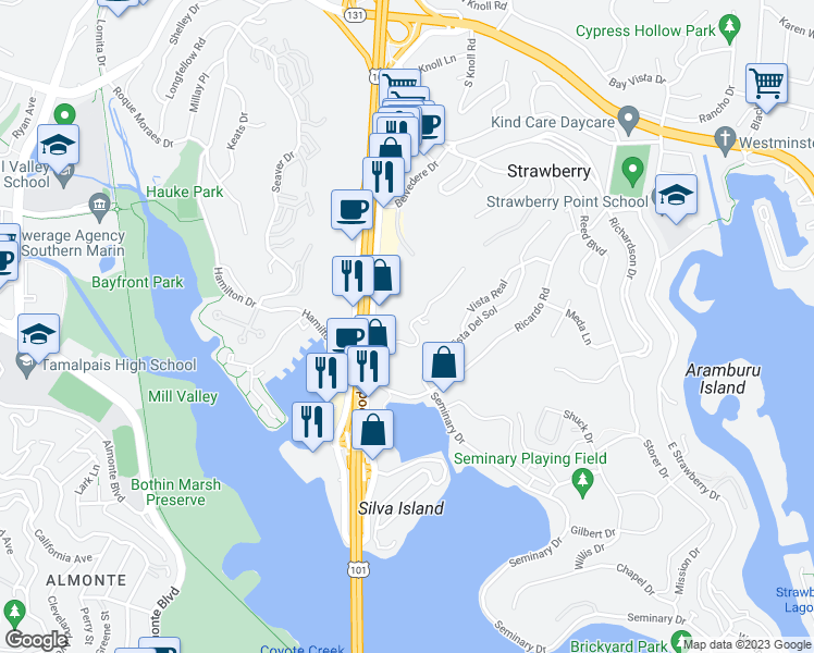 map of restaurants, bars, coffee shops, grocery stores, and more near 43 Milland Drive in Mill Valley