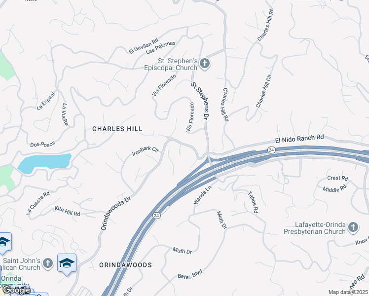 map of restaurants, bars, coffee shops, grocery stores, and more near 11 East Altarinda Drive in Orinda