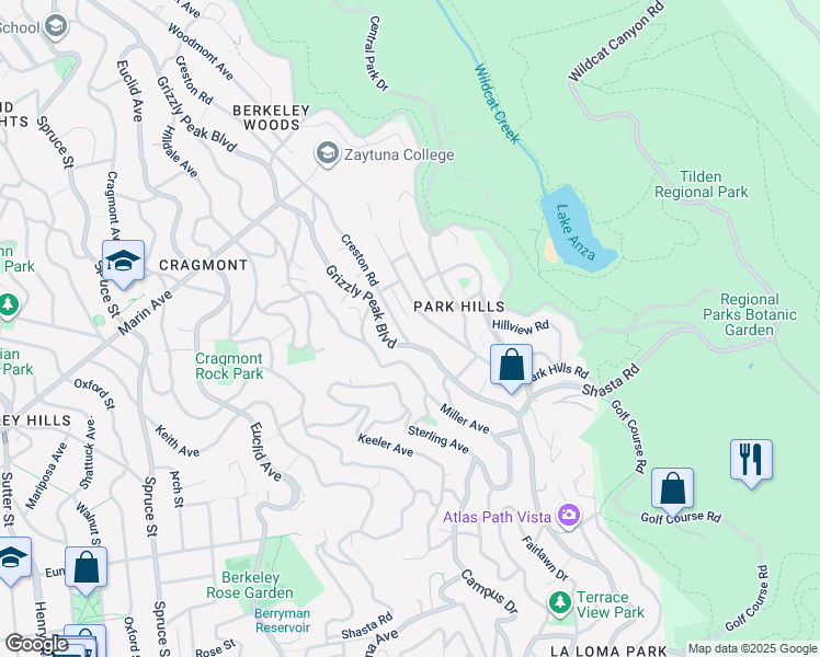 map of restaurants, bars, coffee shops, grocery stores, and more near 1050 Overlook Road in Berkeley