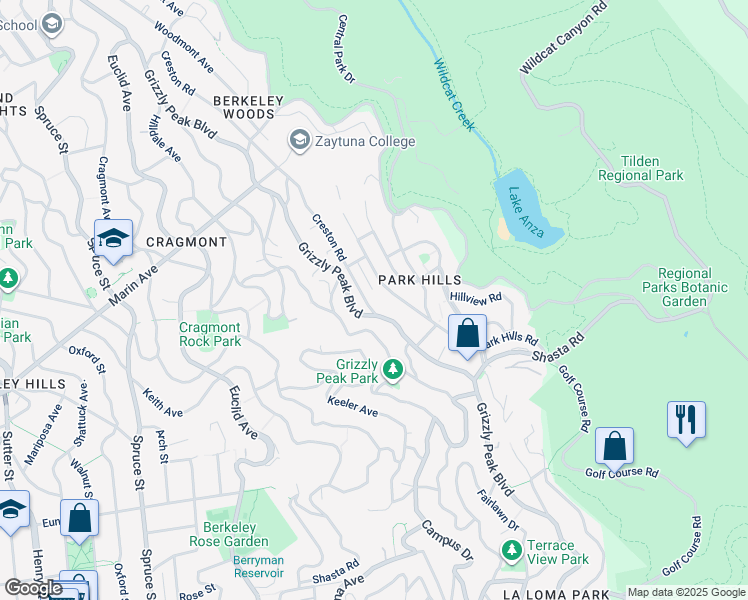 map of restaurants, bars, coffee shops, grocery stores, and more near 1091 Creston Road in Berkeley