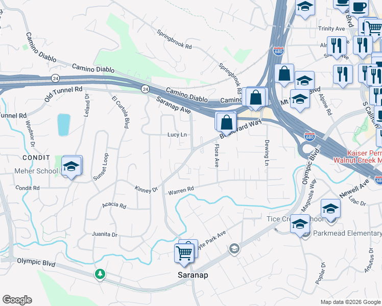 map of restaurants, bars, coffee shops, grocery stores, and more near 1308 Boulevard Way in Walnut Creek